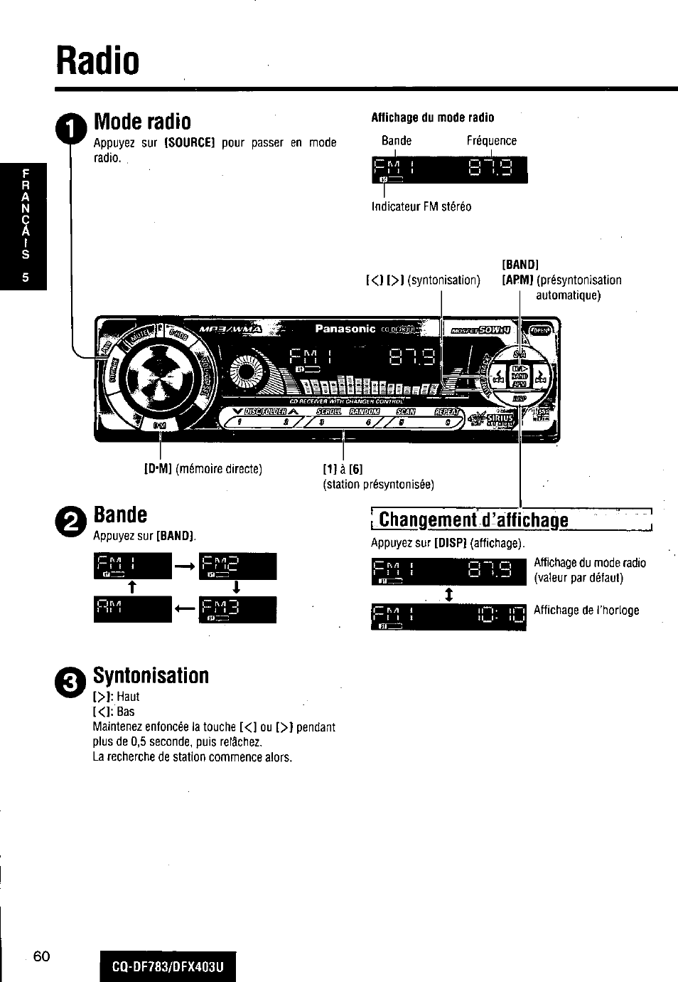 Radio, Mode radio, Bande | Syntonisation, Îm- haut, I changement d’affichaoe | Panasonic CQ-DF783U User Manual | Page 60 / 136