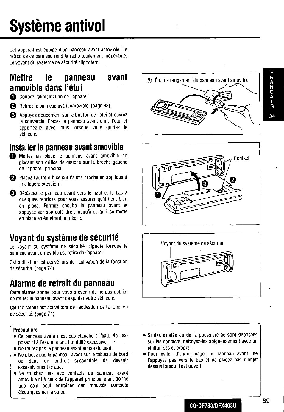 Système antivol, Mettre le panneau avant amovible dans l’étui, Installer le panneau avant amovible | Voyant du système de sécurité, Alarme de retrait du panneau | Panasonic CQ-DF783U User Manual | Page 89 / 136