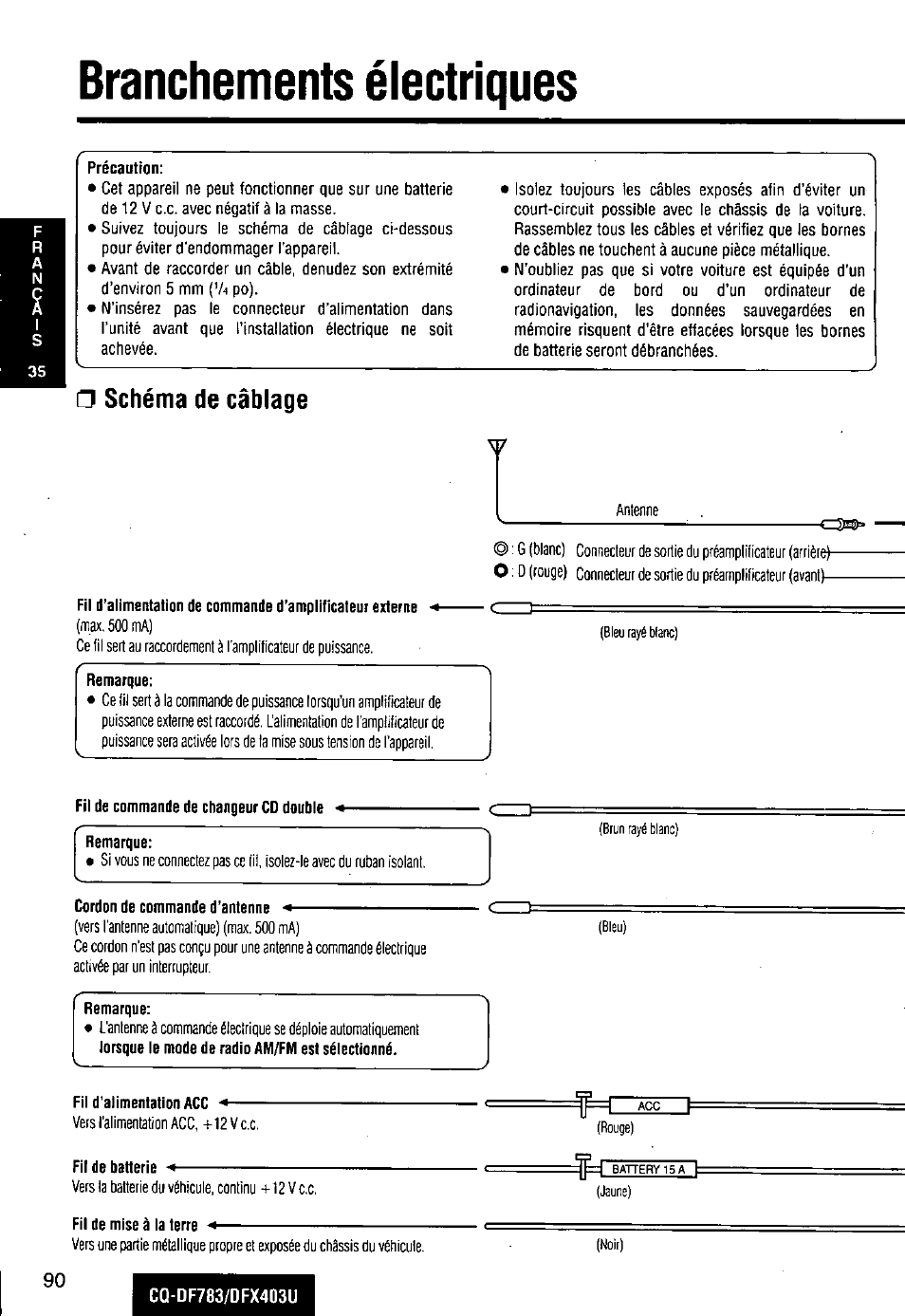 Branchements électriques, N branchements électriques, Schéma de câblage | Panasonic CQ-DF783U User Manual | Page 90 / 136