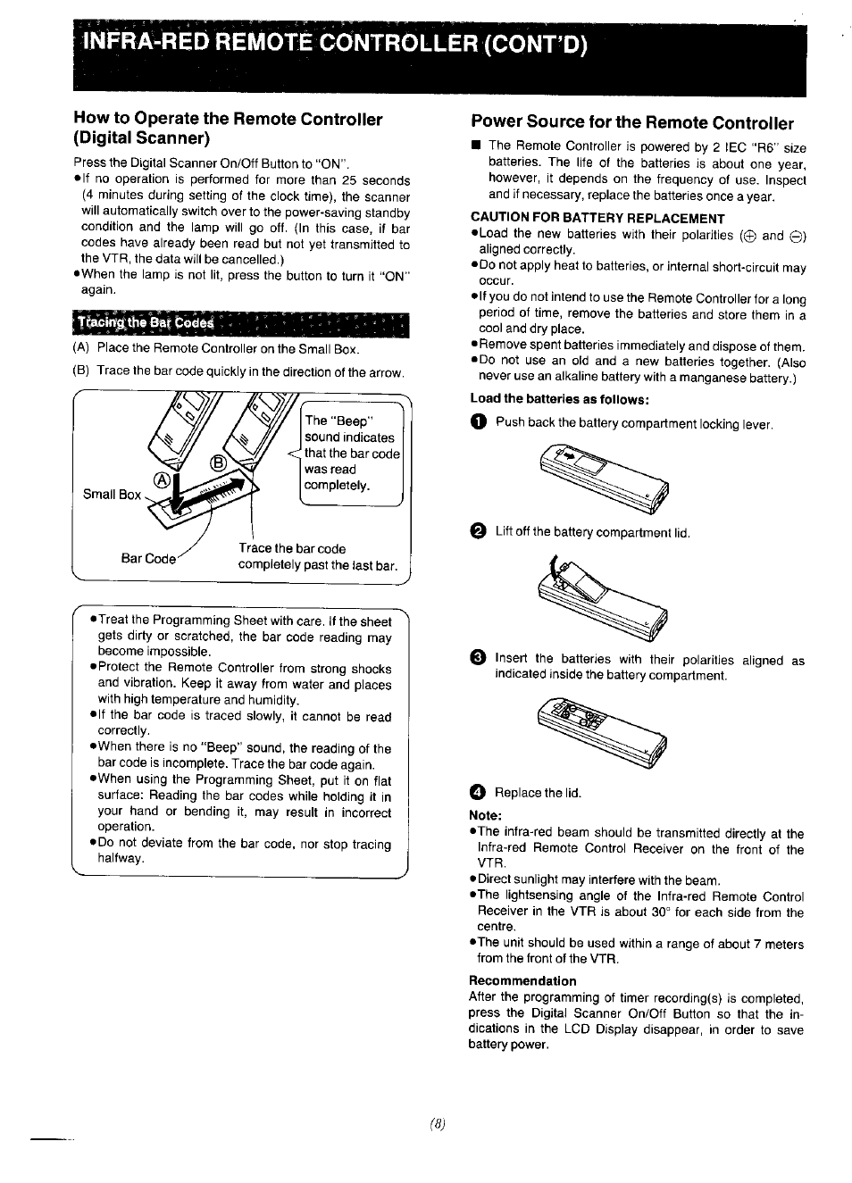 Load the batteries as follows, Note, Recommendation | Red remote controller (cont’d), Power source for the remote controller | Panasonic NV-F65EA User Manual | Page 8 / 48