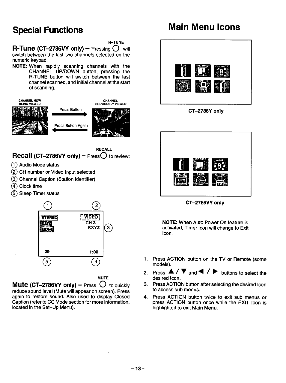 Special functions, Specifications, Main menu icons | R-tune, Recall, Mute, Ct-2786vy, Ct-2786vy only) | Panasonic CT-2786VYD User Manual | Page 13 / 24