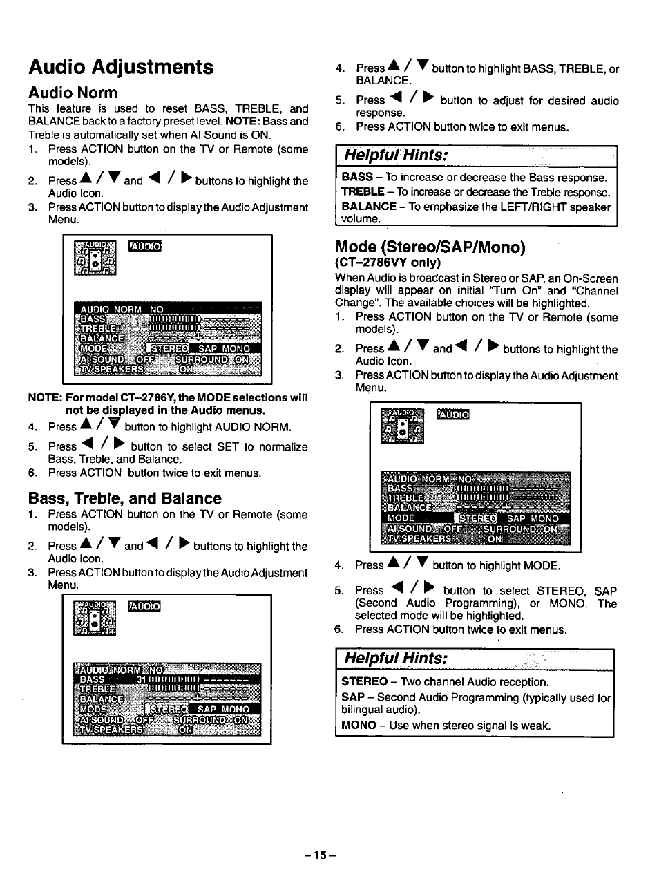Audio adjustments, Audio norm, Bass, treble, and balance | Helpfui hints, Mode (stereo/sap/mono), Heipfluf hints | Panasonic CT-2786VYD User Manual | Page 15 / 24