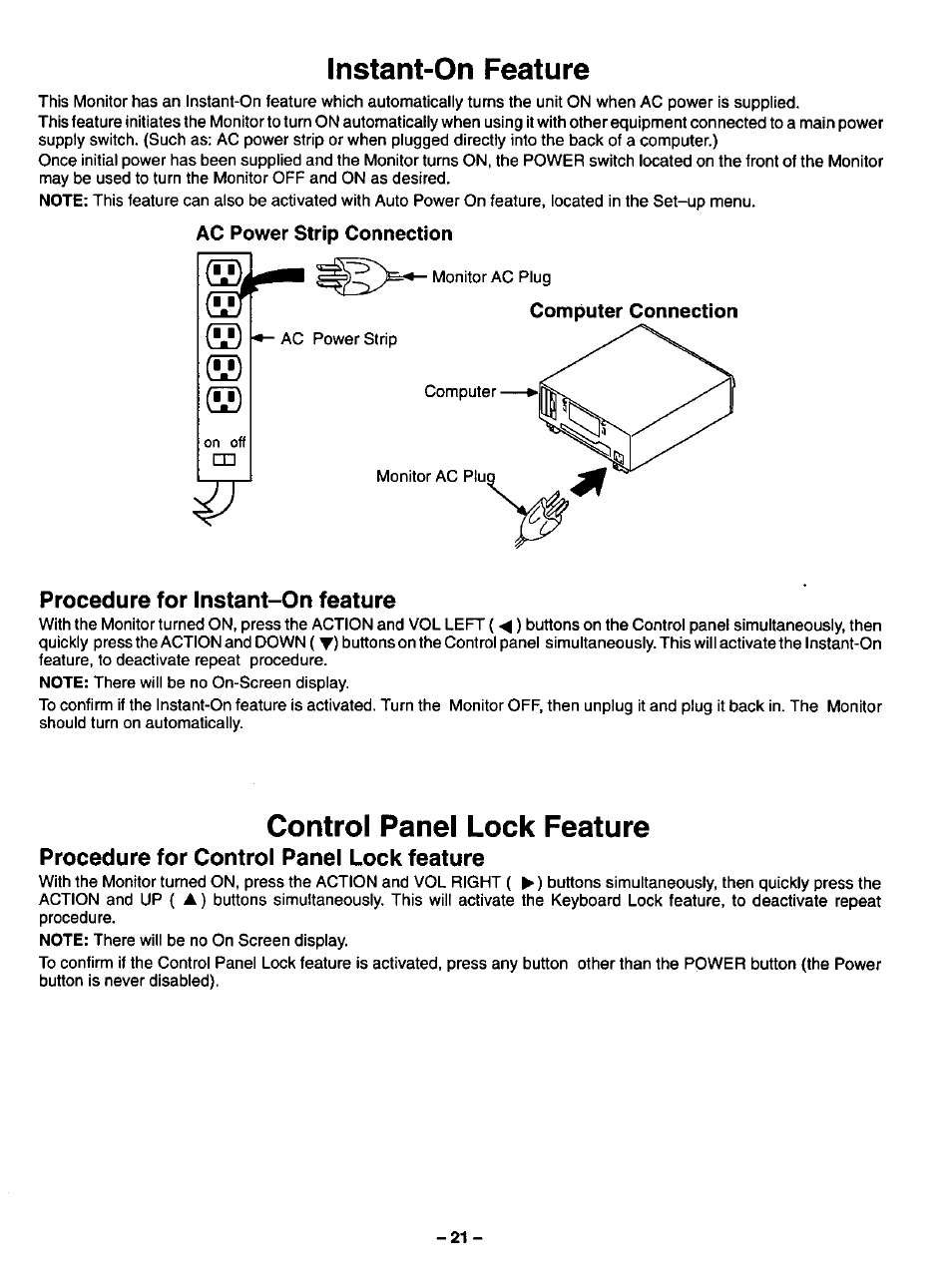 Instant-on feature, Ac power strip connection, Control panel lock feature | Instant on feature control panel lock feature, Procedure for instant-on feature, Procedure for control panel lock feature | Panasonic CT-2786VYD User Manual | Page 21 / 24
