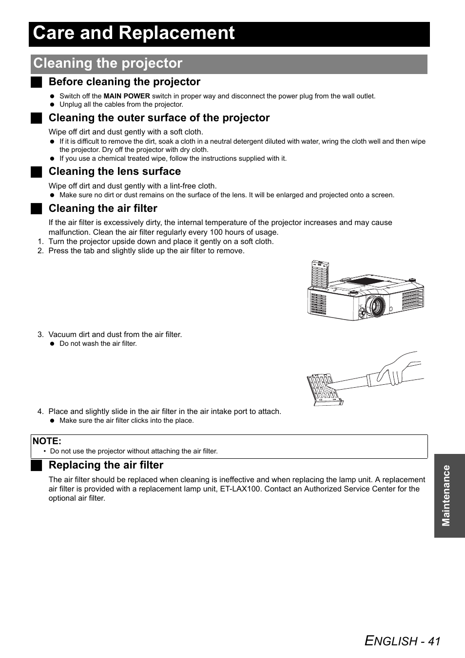 Care and replacement, Cleaning the projector, Nglish - 41 | Jbefore cleaning the projector, Jcleaning the outer surface of the projector, Jcleaning the lens surface, Jcleaning the air filter, Jreplacing the air filter | Panasonic PT-AX200U User Manual | Page 41 / 54