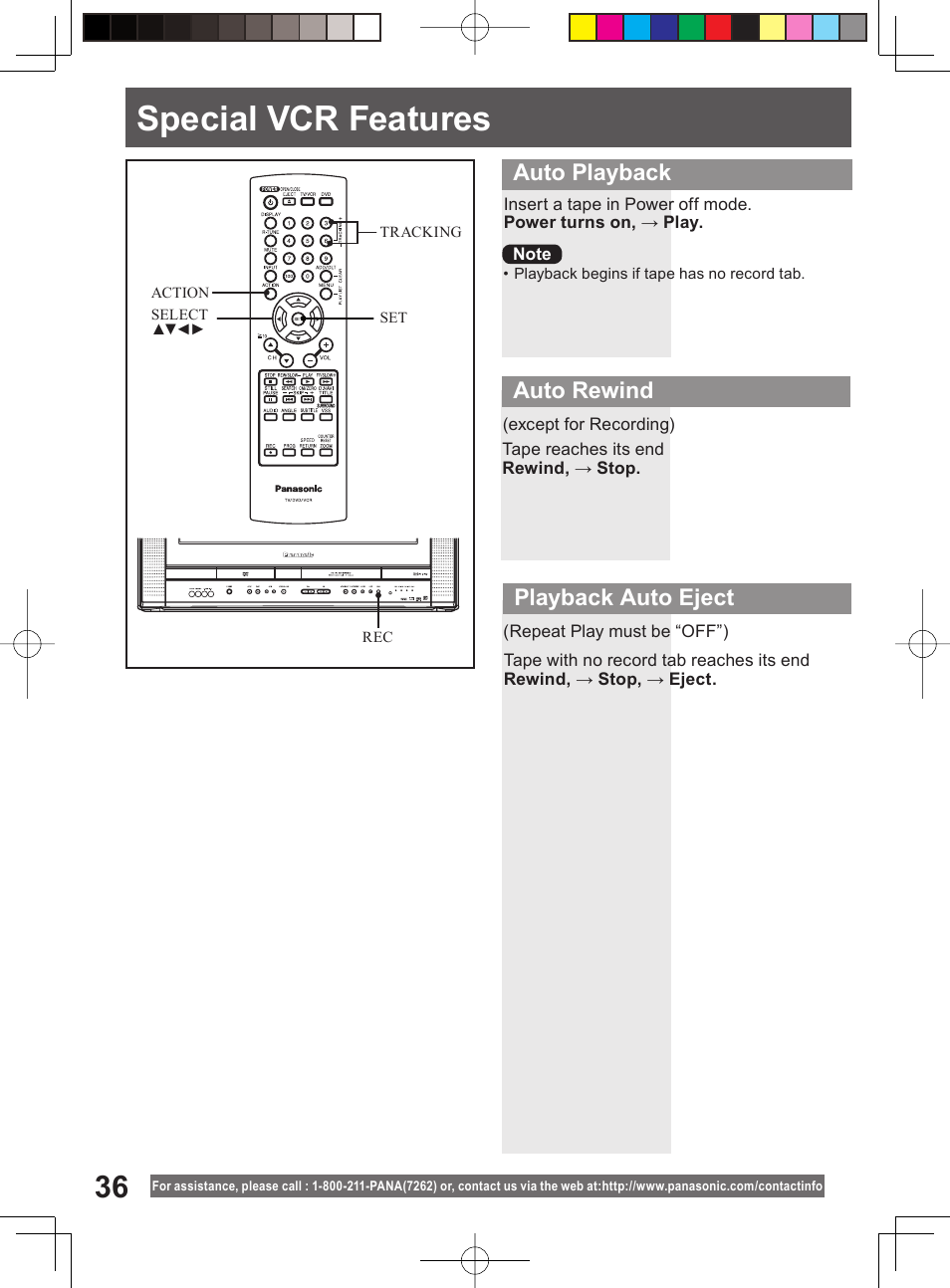 Special vcr features, Auto playback auto rewind playback auto eject | Panasonic PV DF2004 User Manual | Page 36 / 84