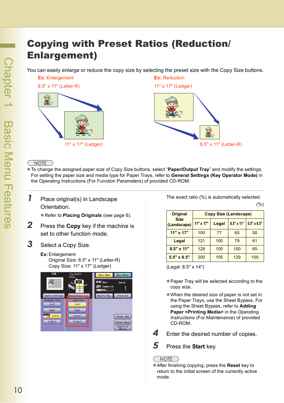 Copying with preset ratios (reduction/enlargement), 10 t, Chap te r 1 ba sic me nu fea tur es | Panasonic DP-C406 User Manual | Page 10 / 112
