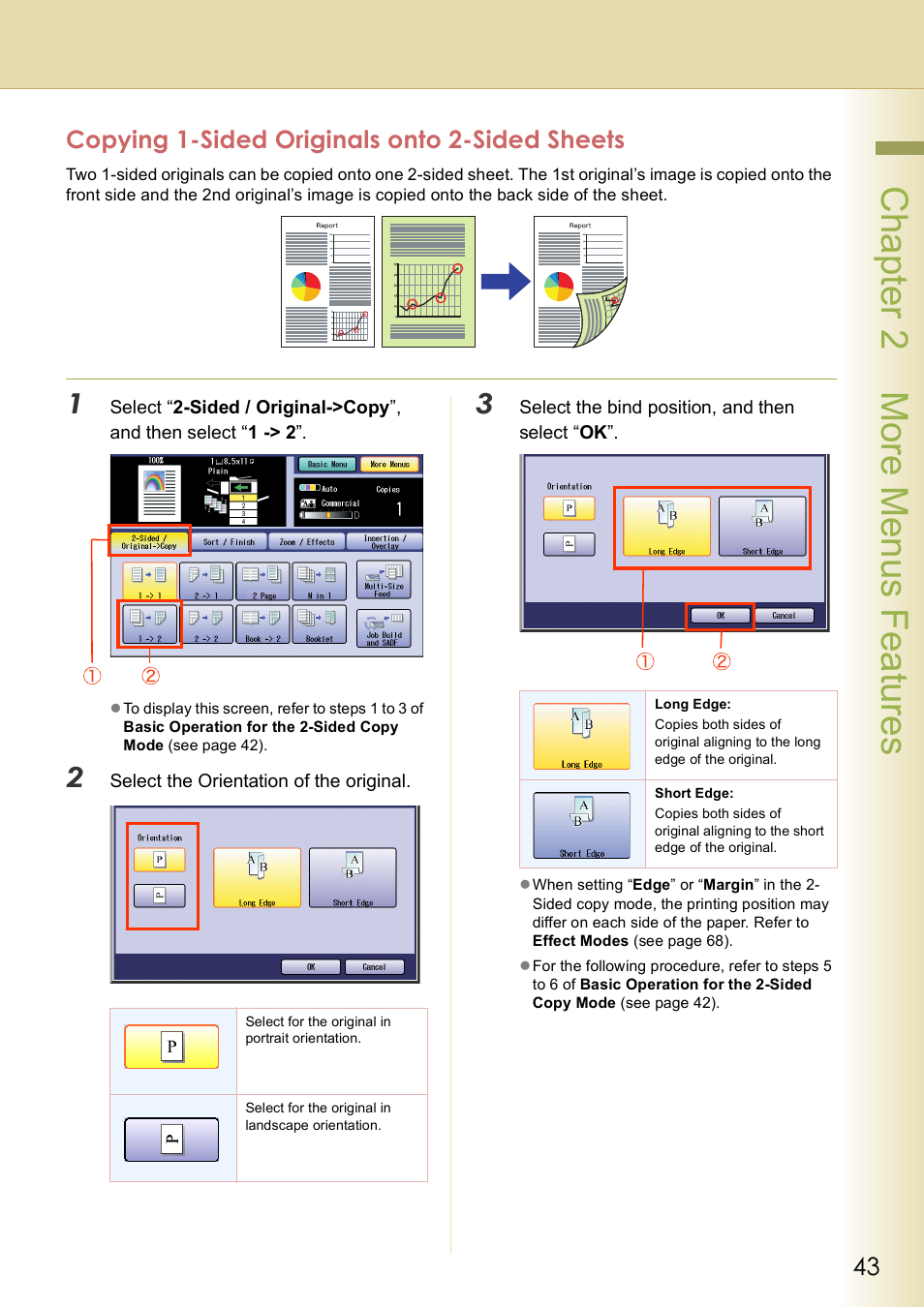 Copying 1-sided originals onto 2-sided sheets, Chap te r 2 mo re m e nu s f eat ur es | Panasonic DP-C406 User Manual | Page 43 / 112