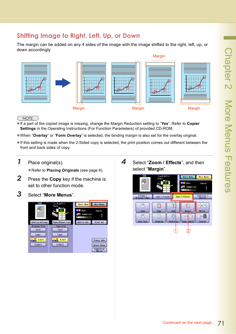 Shifting image to right, left, up, or down, Chap te r 2 mo re m e nu s f eat ur es | Panasonic DP-C406 User Manual | Page 71 / 112