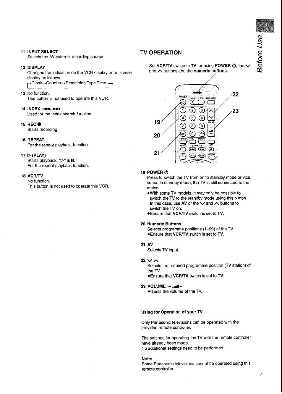 Tv operation | Panasonic NV-SD230A User Manual | Page 7 / 32