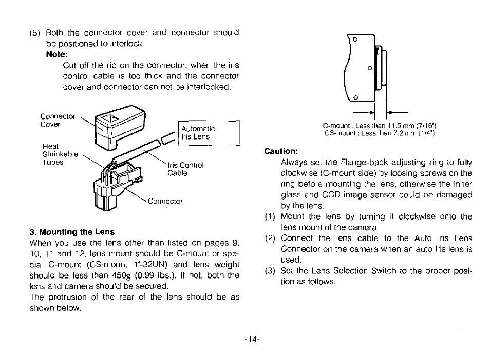 Mounting the lens, Caution | Panasonic WV-BP120 User Manual | Page 16 / 22