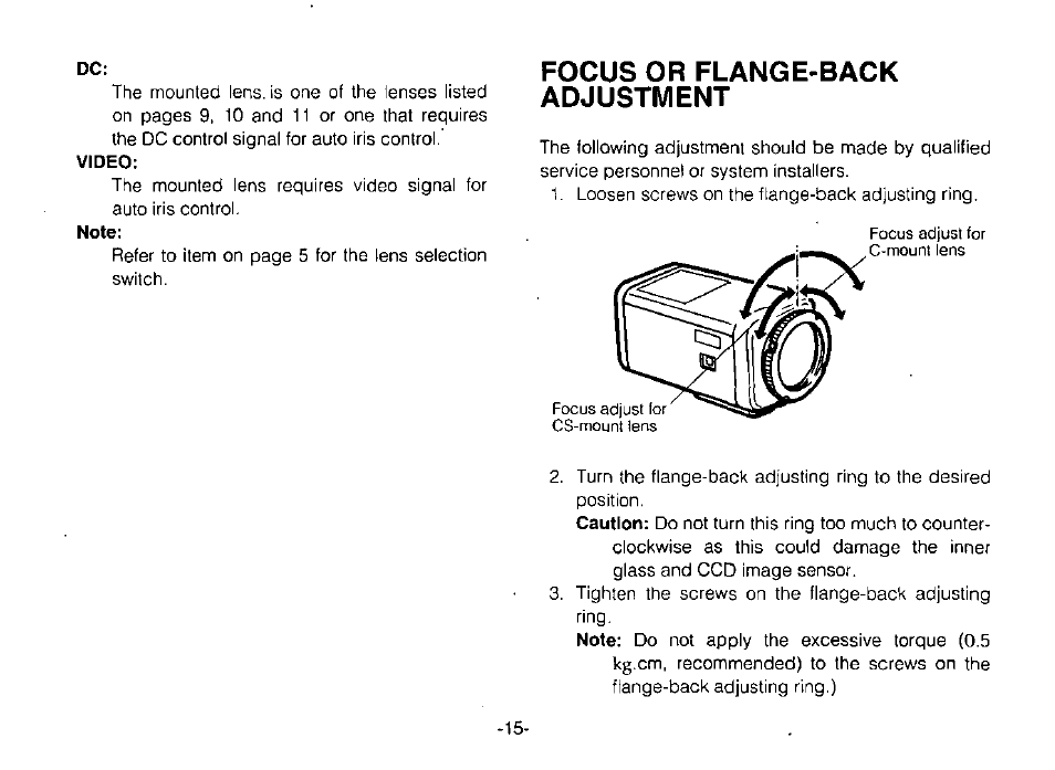 Focus or flange-back adjustment | Panasonic WV-BP120 User Manual | Page 17 / 22