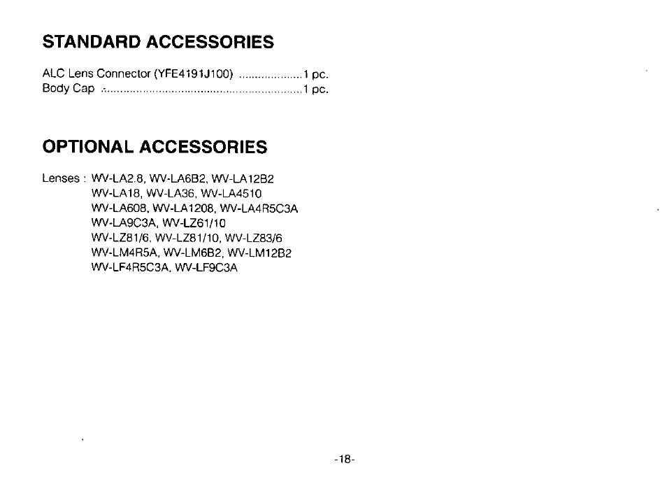 Standard accessories, Optional accessories, Standard accessory | Panasonic WV-BP120 User Manual | Page 20 / 22