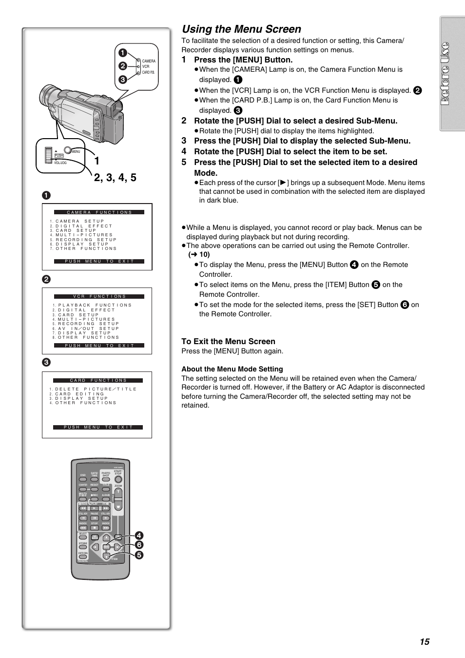 Using the menu screen, Press the [menu] button, On the remote controller | Panasonic AG-EZ50UP User Manual | Page 15 / 58