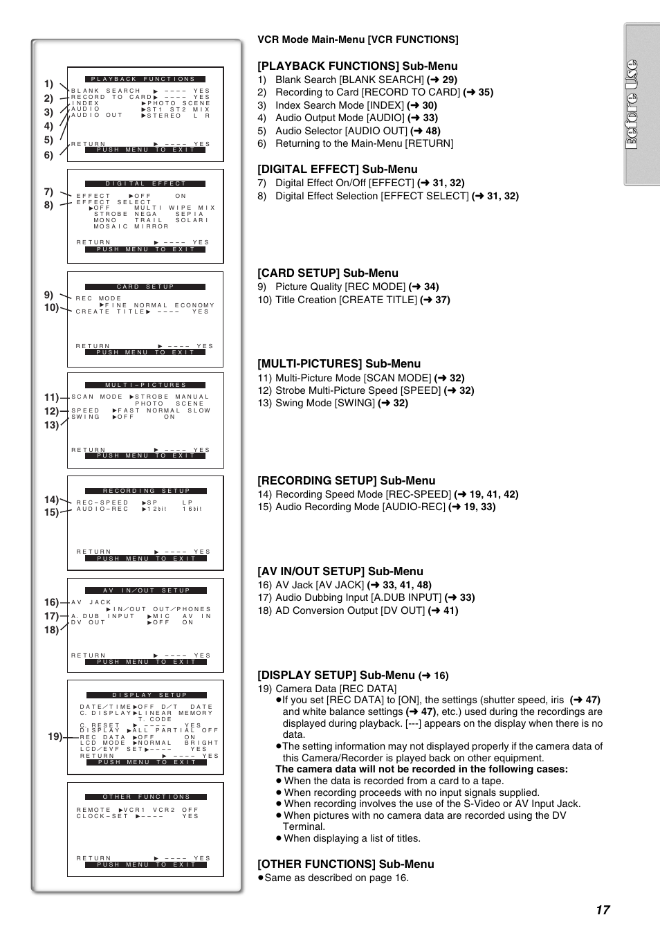 Playback functions] sub-menu, Digital effect] sub-menu, Card setup] sub-menu | Multi-pictures] sub-menu, Recording setup] sub-menu, Av in/out setup] sub-menu, Display setup] sub-menu, Other functions] sub-menu | Panasonic AG-EZ50UP User Manual | Page 17 / 58
