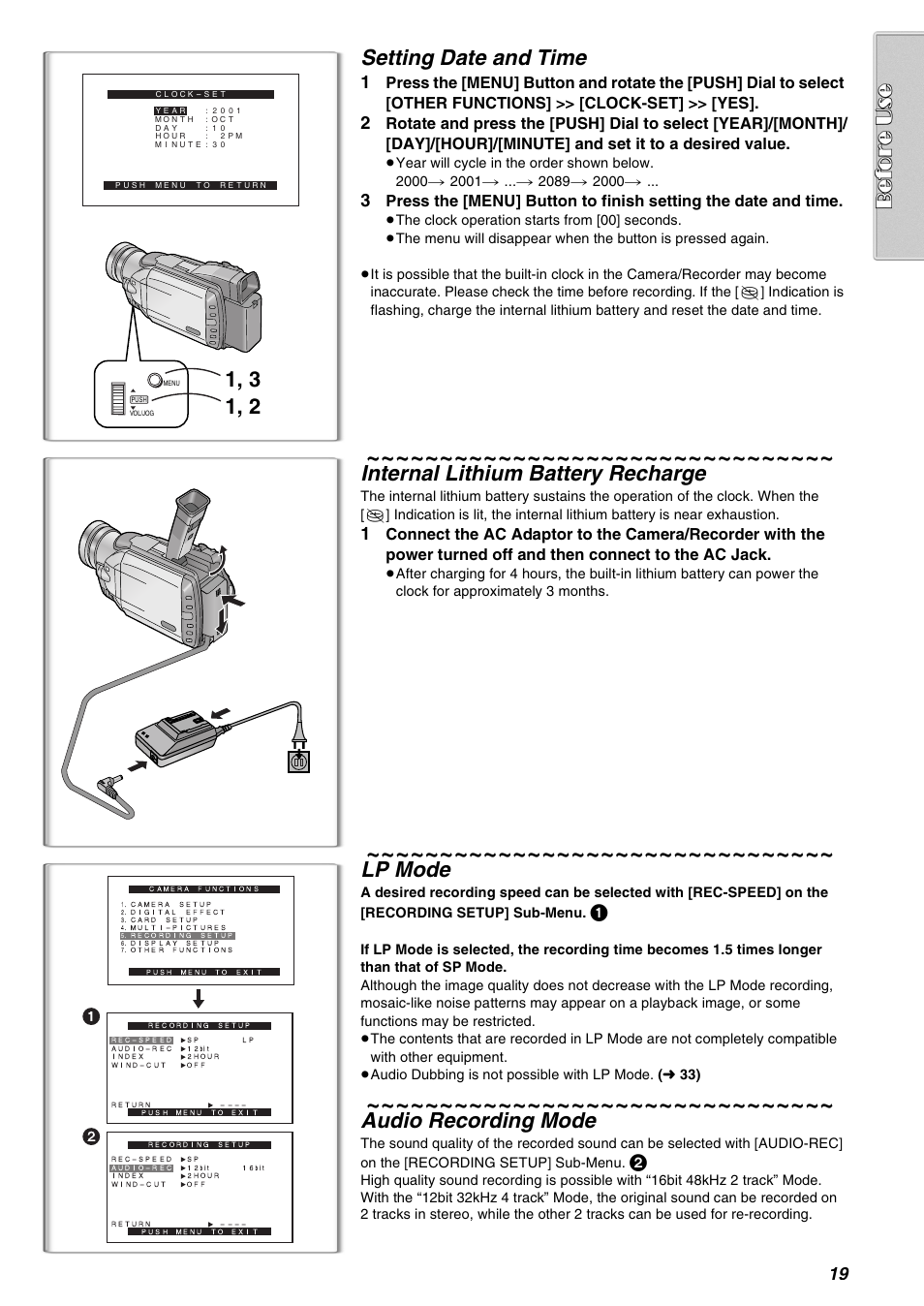 Setting date and time, Internal lithium battery recharge, Lp mode | Audio recording mode | Panasonic AG-EZ50UP User Manual | Page 19 / 58