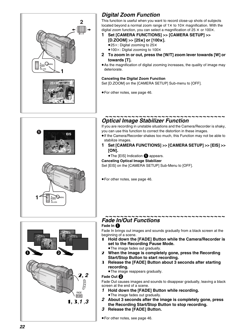 Digital zoom function, Optical image stabilizer function, Fade in/out functions | Panasonic AG-EZ50UP User Manual | Page 22 / 58