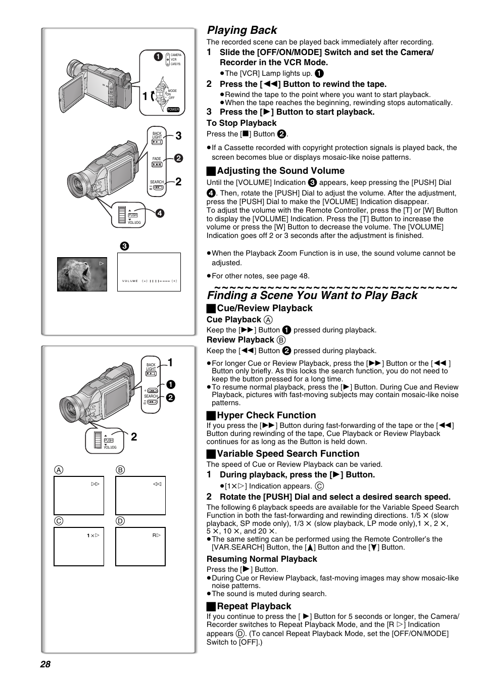 Playing back, Finding a scene you want to play back | Panasonic AG-EZ50UP User Manual | Page 28 / 58