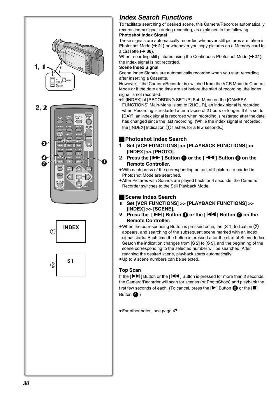 Index search functions, ª photoshot index search 1, ª scene index search | Index s 1, Press the [ 9 ] button, Or the, Button, On the remote controller, Top scan | Panasonic AG-EZ50UP User Manual | Page 30 / 58