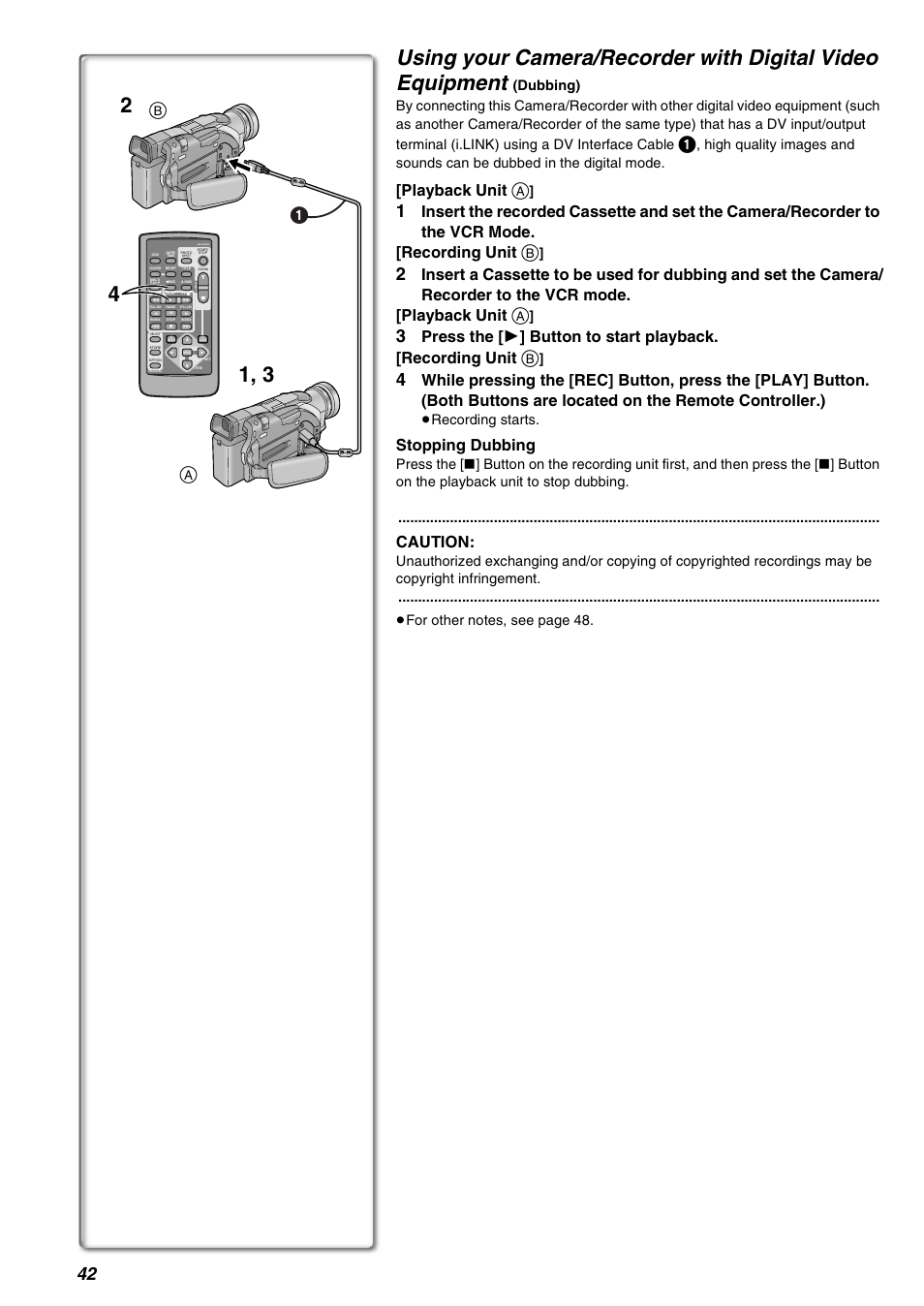 Playback unit, Press the, Button to start playback. [recording unit | Stopping dubbing, Caution, Recording starts | Panasonic AG-EZ50UP User Manual | Page 42 / 58