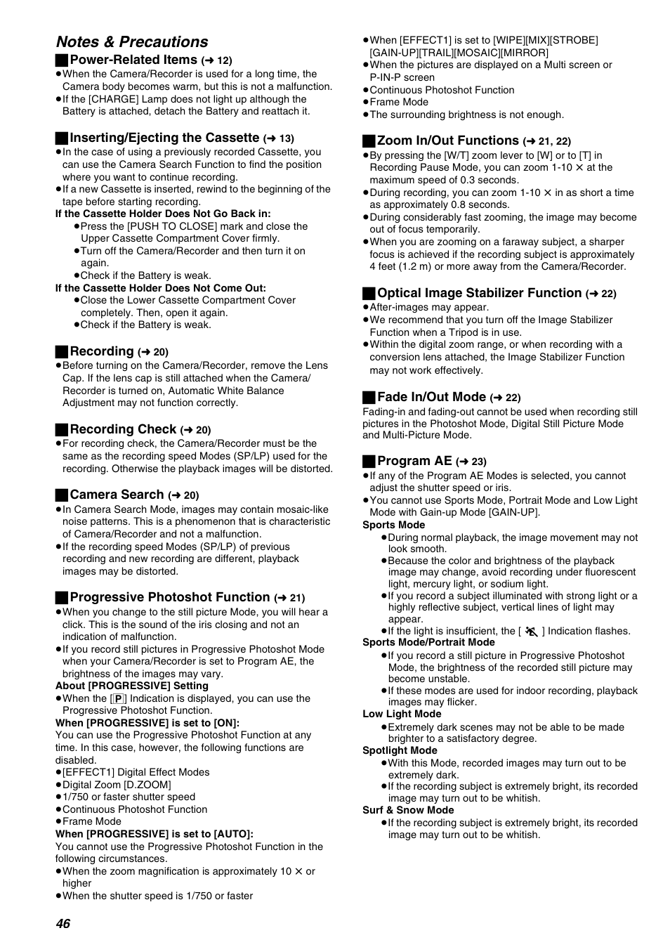 ª power-related items, ª inserting/ejecting the cassette, ª recording | ª recording check, ª camera search, ª progressive photoshot function, ª zoom in/out functions, ª optical image stabilizer function, ª fade in/out mode, ª program ae | Panasonic AG-EZ50UP User Manual | Page 46 / 58