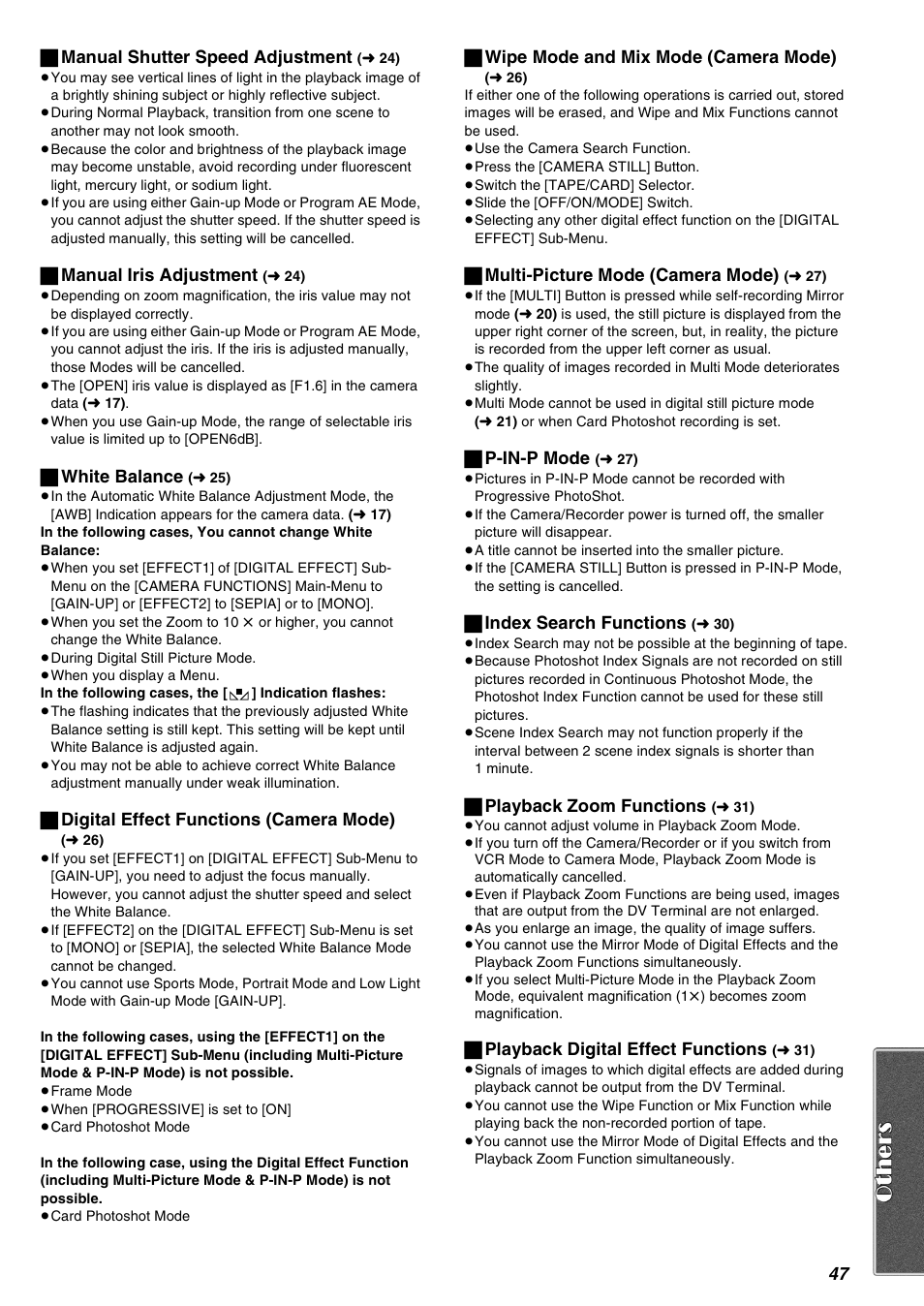 47 ª manual shutter speed adjustment, ª manual iris adjustment, ª white balance | ª digital effect functions (camera mode), ª wipe mode and mix mode (camera mode), ª multi-picture mode (camera mode), ª p-in-p mode, ª index search functions, ª playback zoom functions, ª playback digital effect functions | Panasonic AG-EZ50UP User Manual | Page 47 / 58
