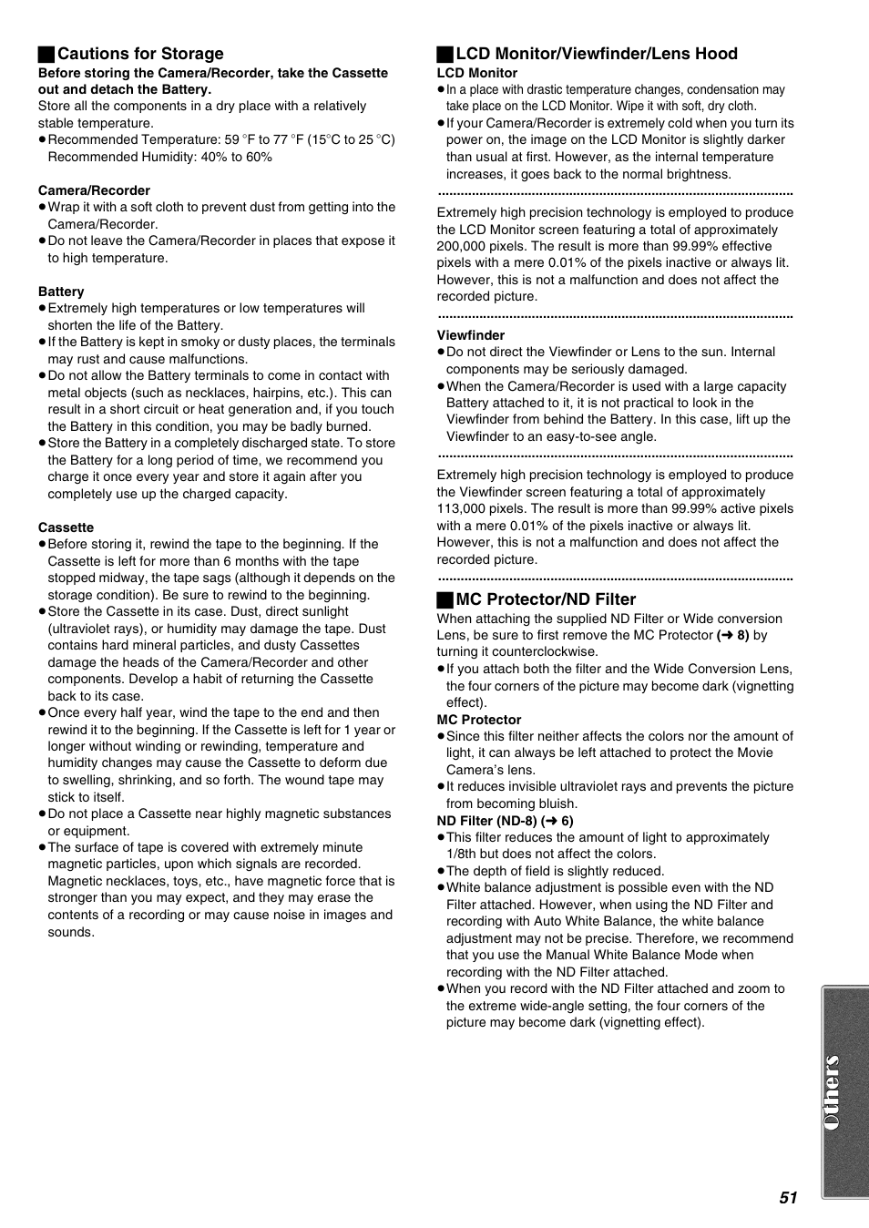 51 ª cautions for storage, ª lcd monitor/viewfinder/lens hood, ª mc protector/nd filter | Panasonic AG-EZ50UP User Manual | Page 51 / 58