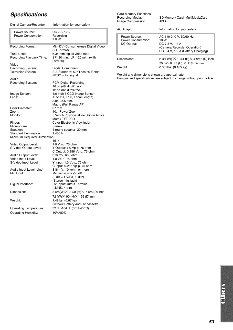 Specifications | Panasonic AG-EZ50UP User Manual | Page 53 / 58