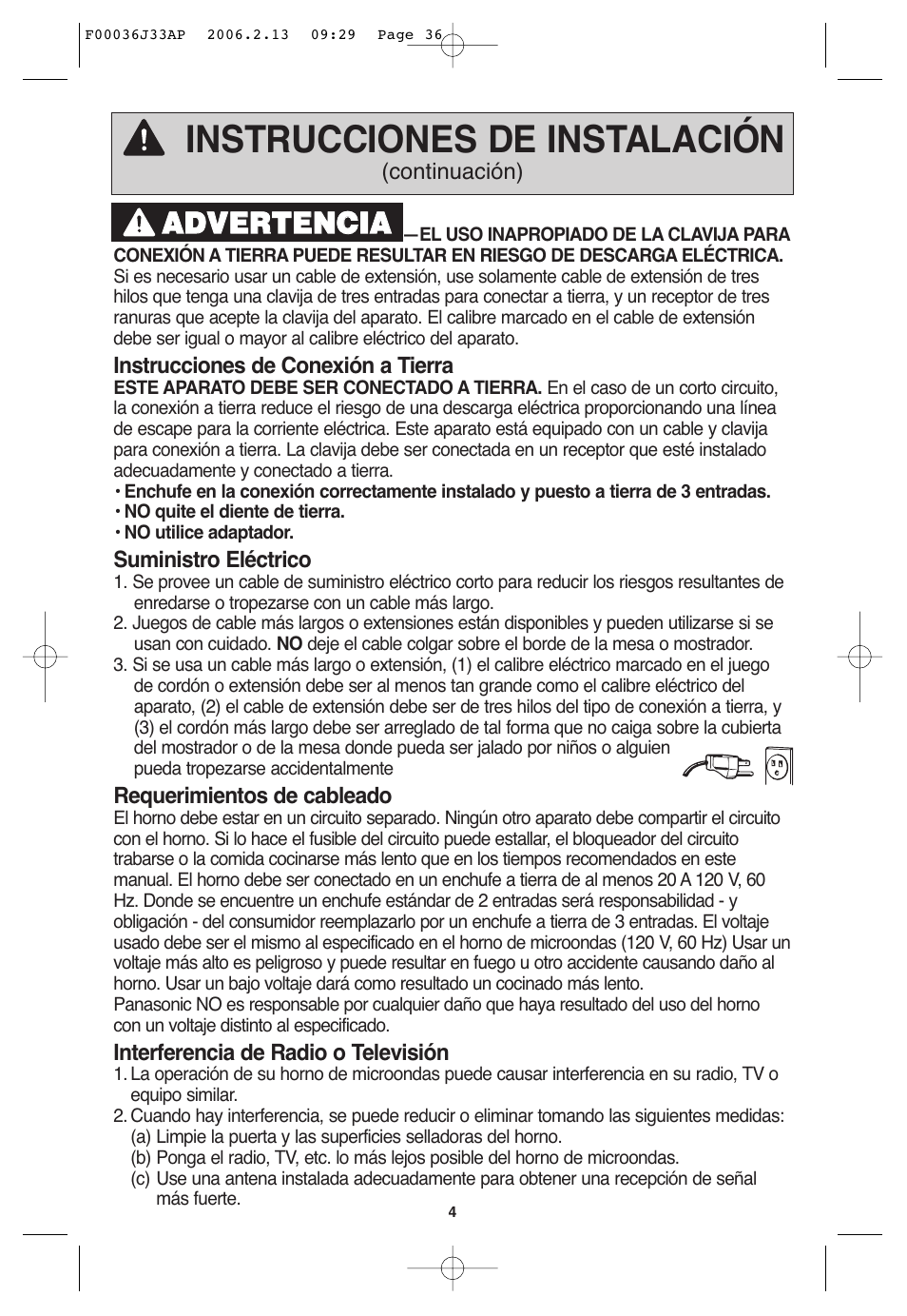 Instrucciones de instalación, Aad dv ve er rt te en nc ciia a | Panasonic S955 User Manual | Page 36 / 60