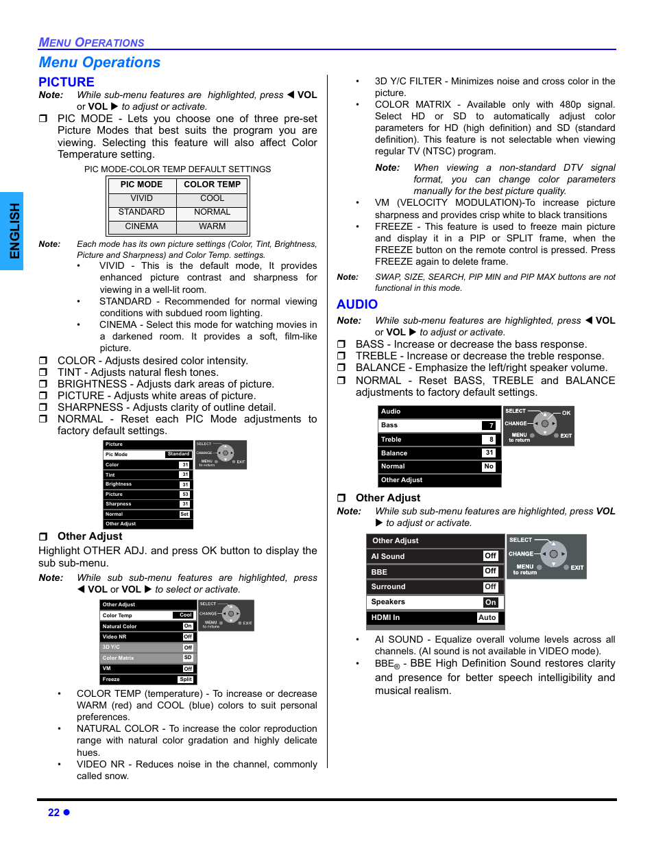 Menu operations, Picture, Audio | English | Panasonic PT 47WXD64 User Manual | Page 24 / 88