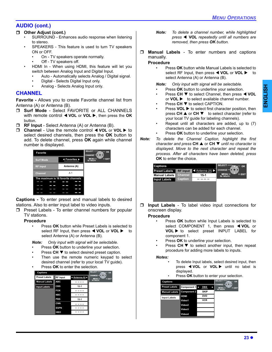Channel, English audio (cont.) | Panasonic PT 47WXD64 User Manual | Page 25 / 88