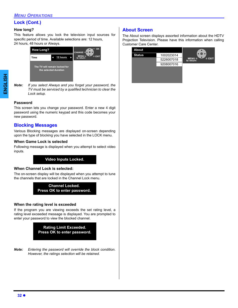 English lock (cont.), Blocking messages, About screen | Panasonic PT 47WXD64 User Manual | Page 34 / 88