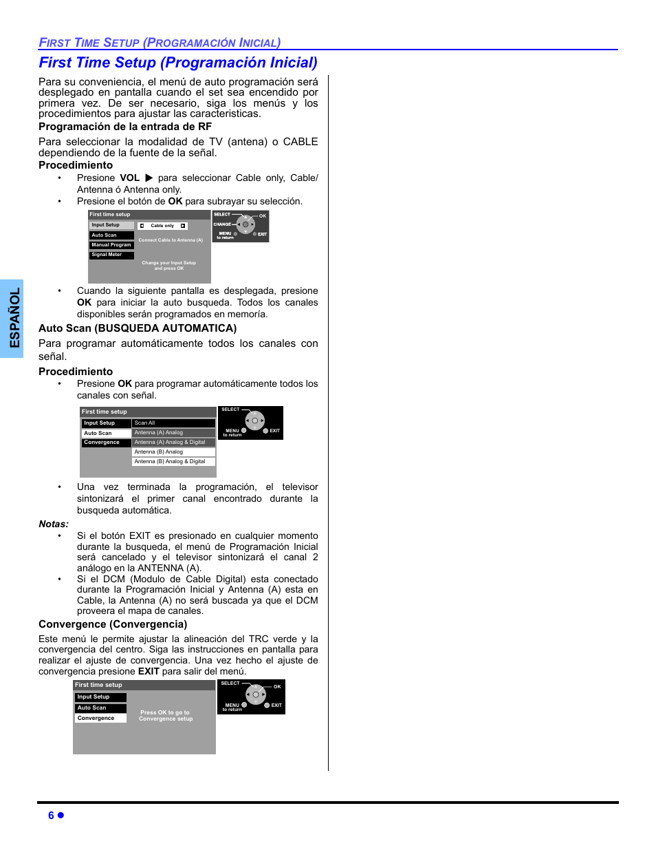 Programacion inicial, First time setup (programación inicial), E s p añol | Panasonic PT 47WXD64 User Manual | Page 46 / 88
