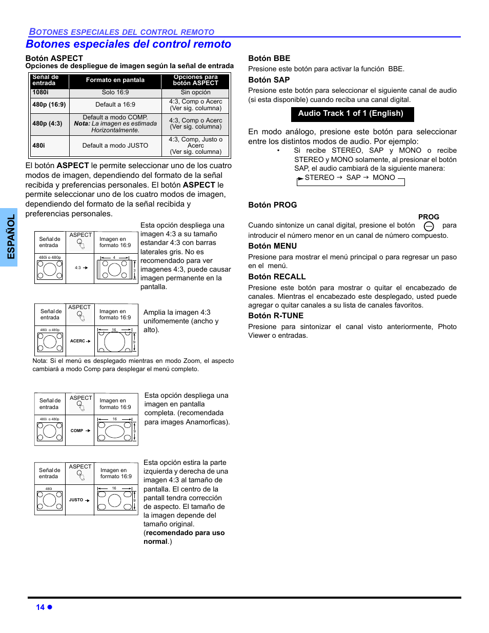 Botones especiales del control remoto, Es p añol | Panasonic PT 47WXD64 User Manual | Page 54 / 88
