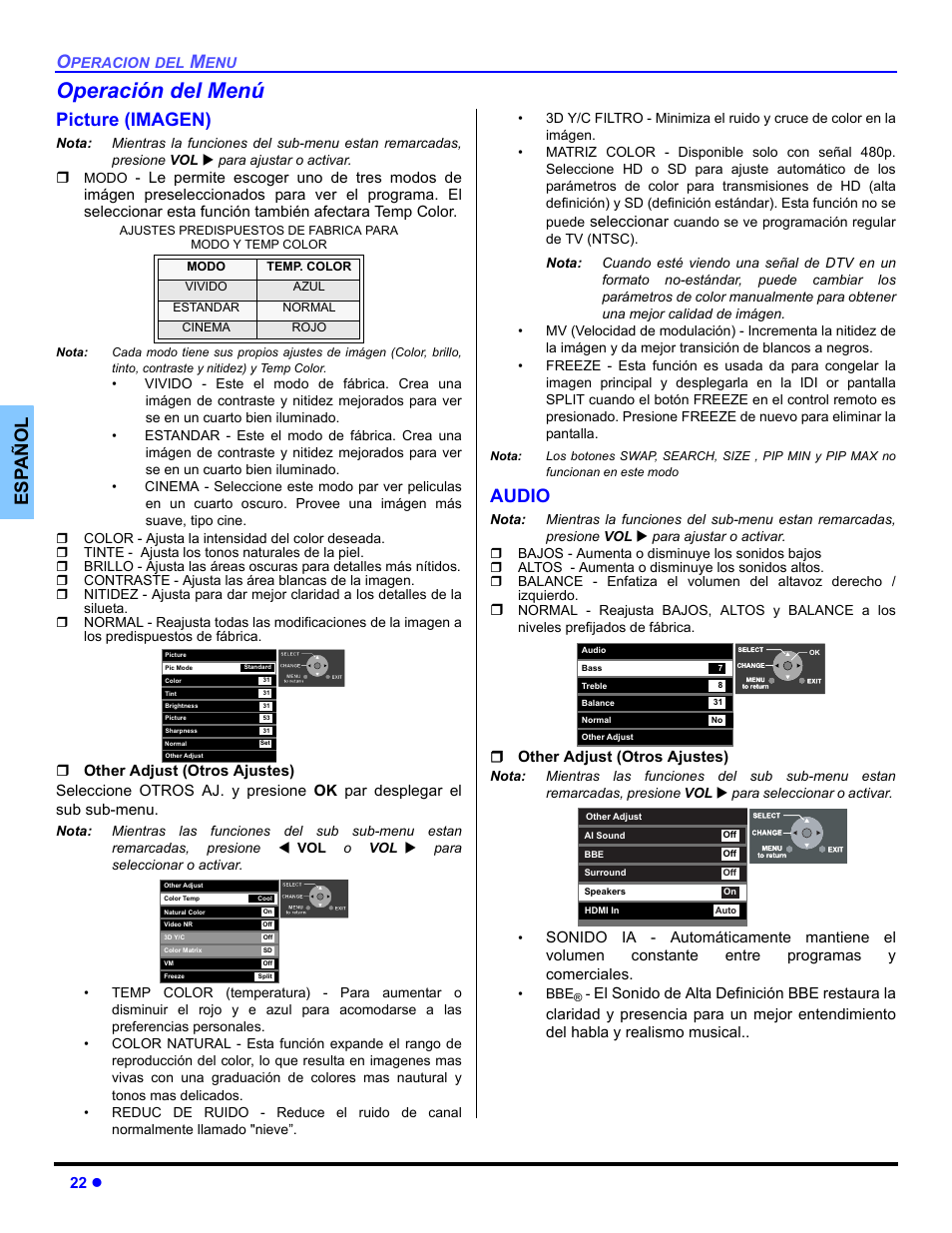 Operacion del menus, Imagen, Audio | Operación del menú, Es p añol, Picture (imagen) | Panasonic PT 47WXD64 User Manual | Page 62 / 88