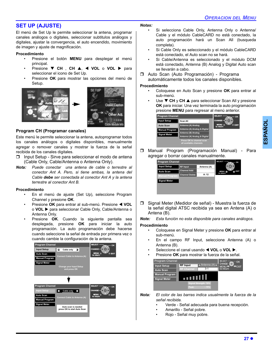 Ajuste, Es p añol set up (ajuste), 27 z | Program ch (programar canales) | Panasonic PT 47WXD64 User Manual | Page 67 / 88