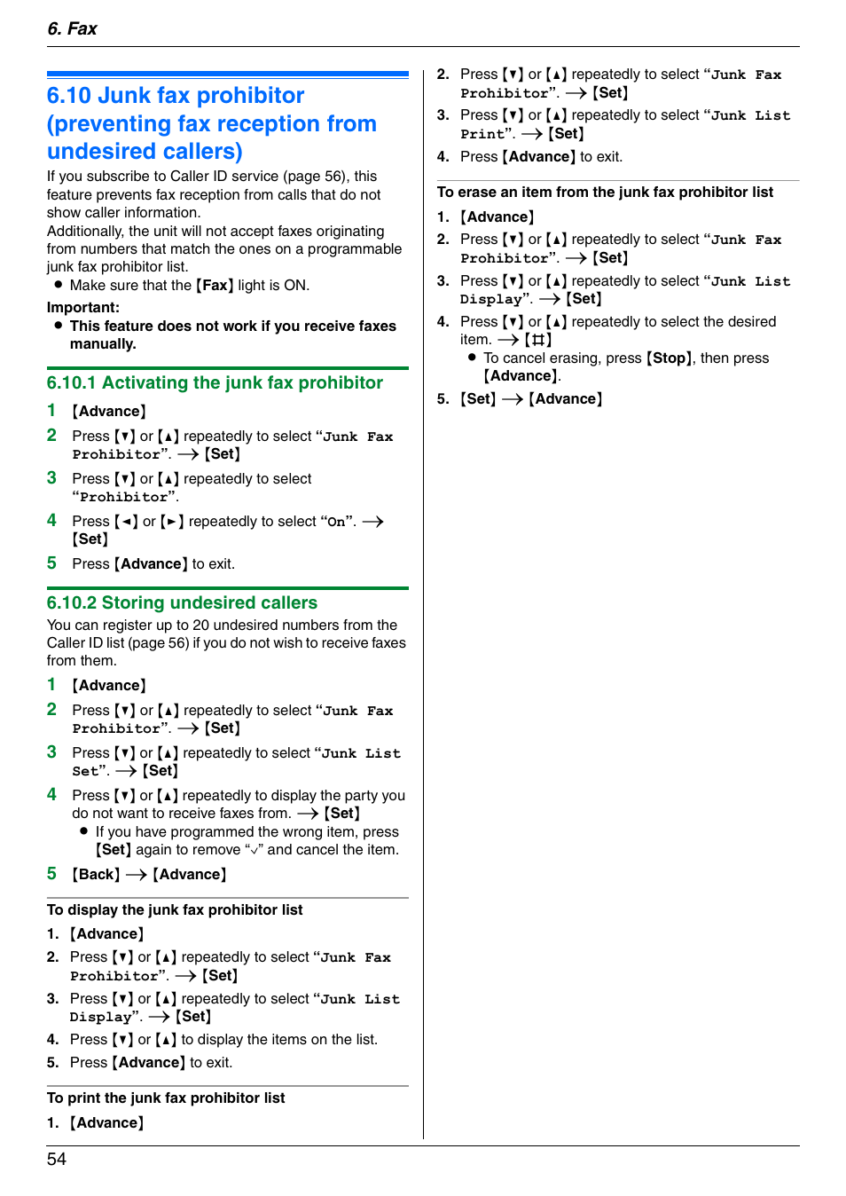 Junk fax prohibitor (preventing fax reception, From undesired callers) | Panasonic DPMC210 User Manual | Page 54 / 128