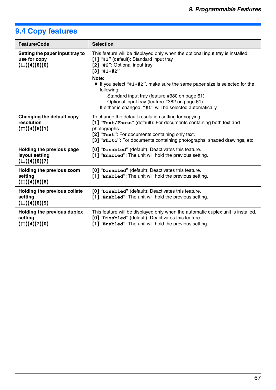 4 copy features, Copy features, 4 copy features | Programmable features 67 | Panasonic DPMC210 User Manual | Page 67 / 128