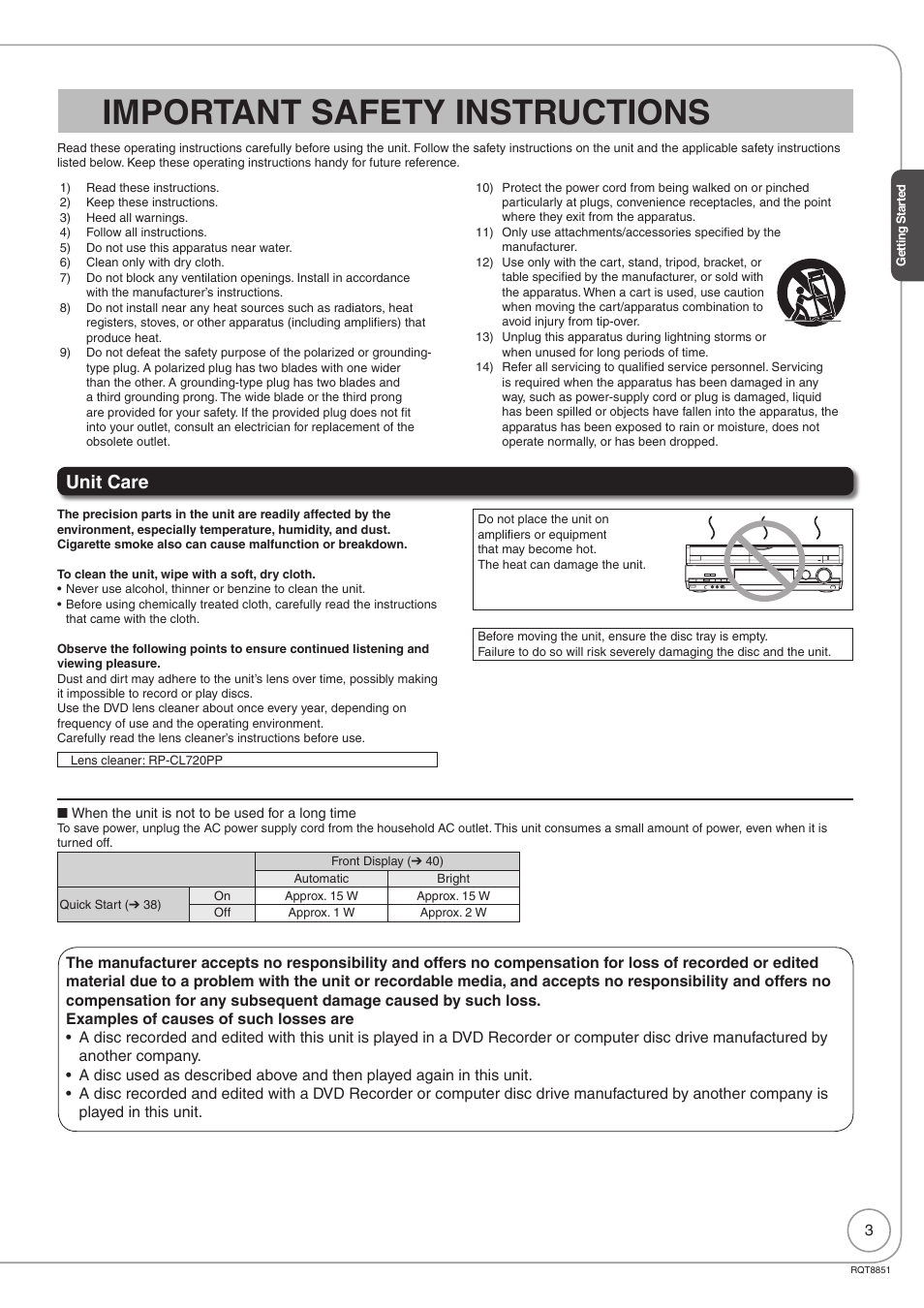 Important safety instructions, Unit care | Panasonic DIGA DMR-EZ27 User Manual | Page 3 / 84
