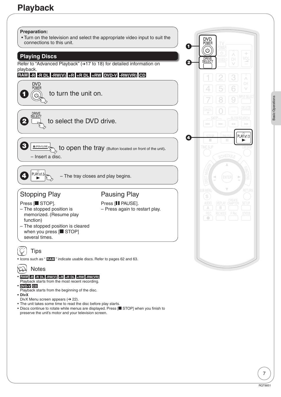 Playback, Playing disc, Stopping play | Pausing play, Playing discs, Tips | Panasonic DIGA DMR-EZ27 User Manual | Page 7 / 84