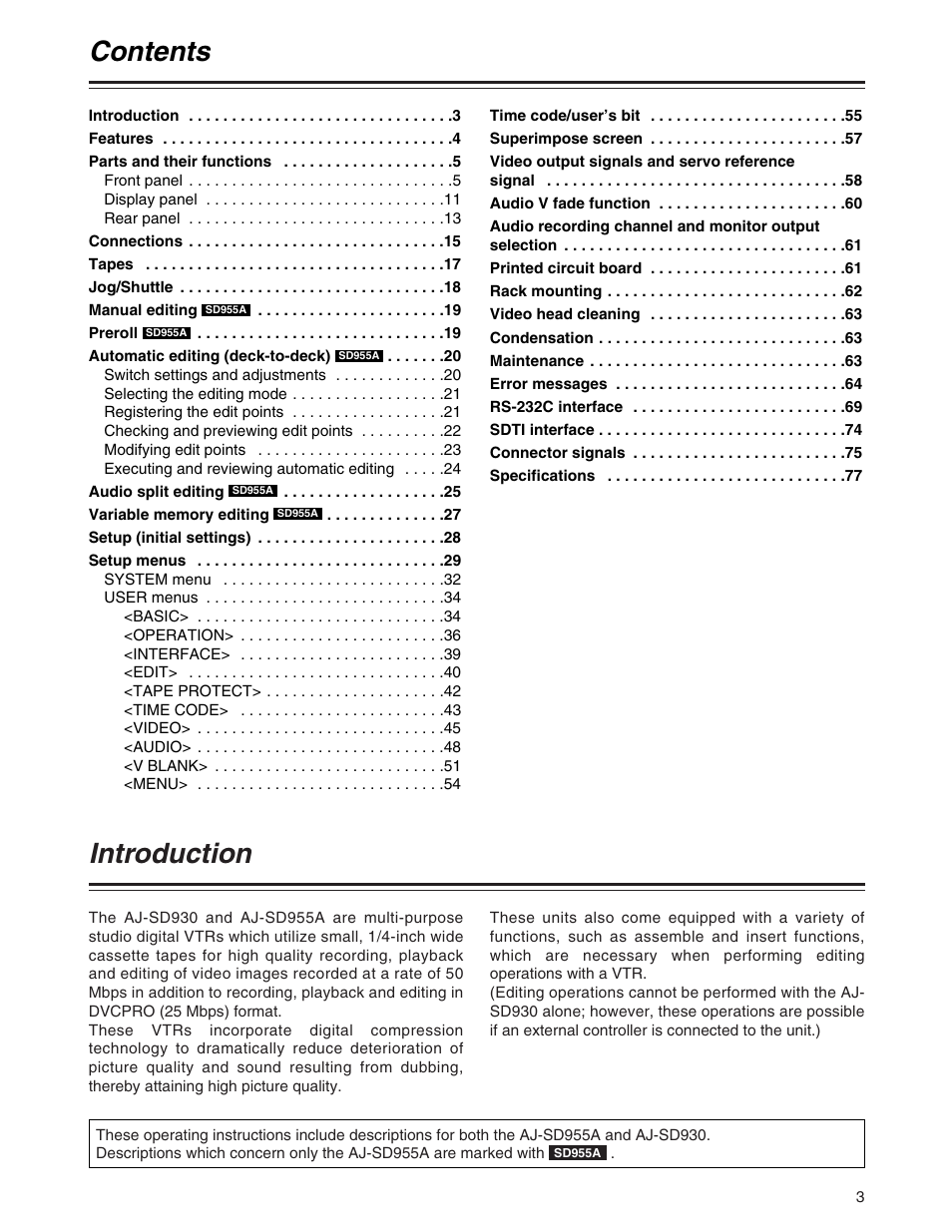 Panasonic AJ-SD955A User Manual | Page 3 / 80