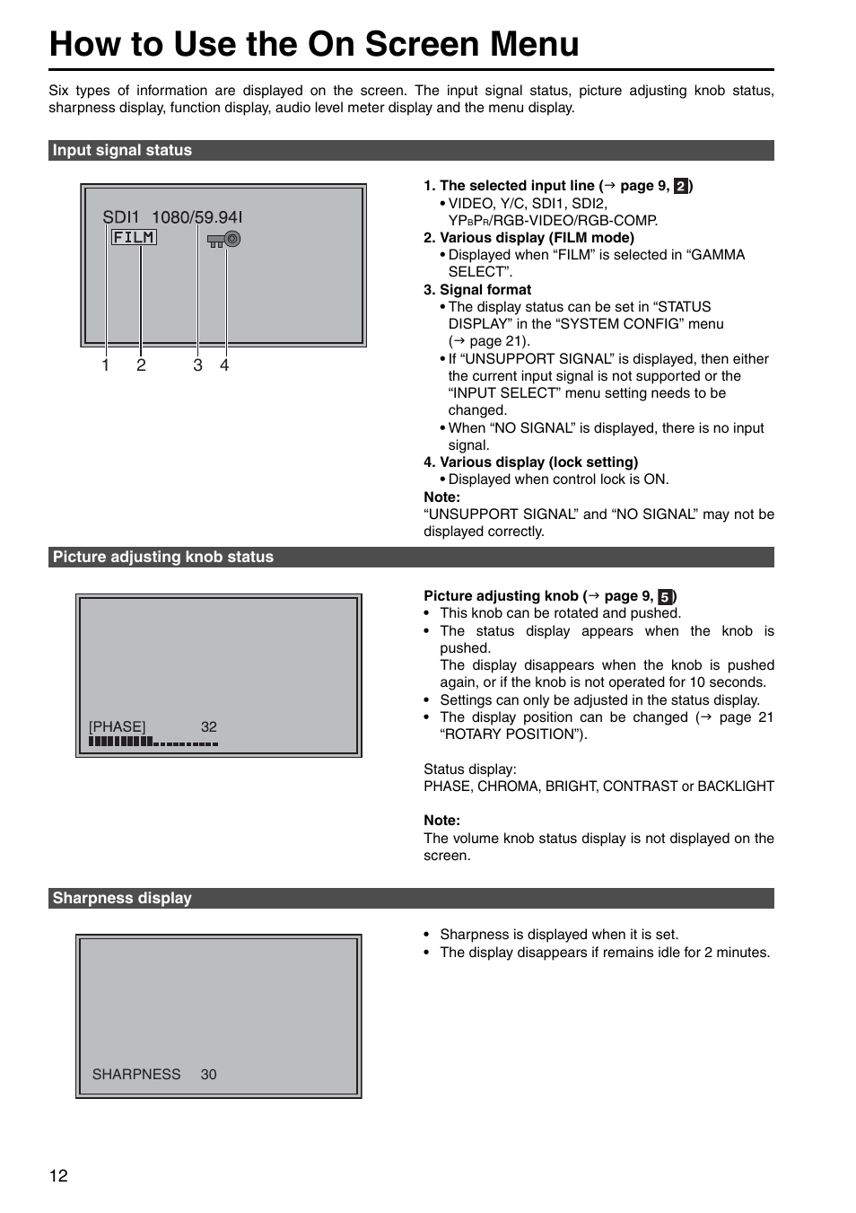 How to use the on screen menu, Input signal status, Picture adjusting knob status | Sharpness display | Panasonic BT-LT2600 User Manual | Page 2 / 19