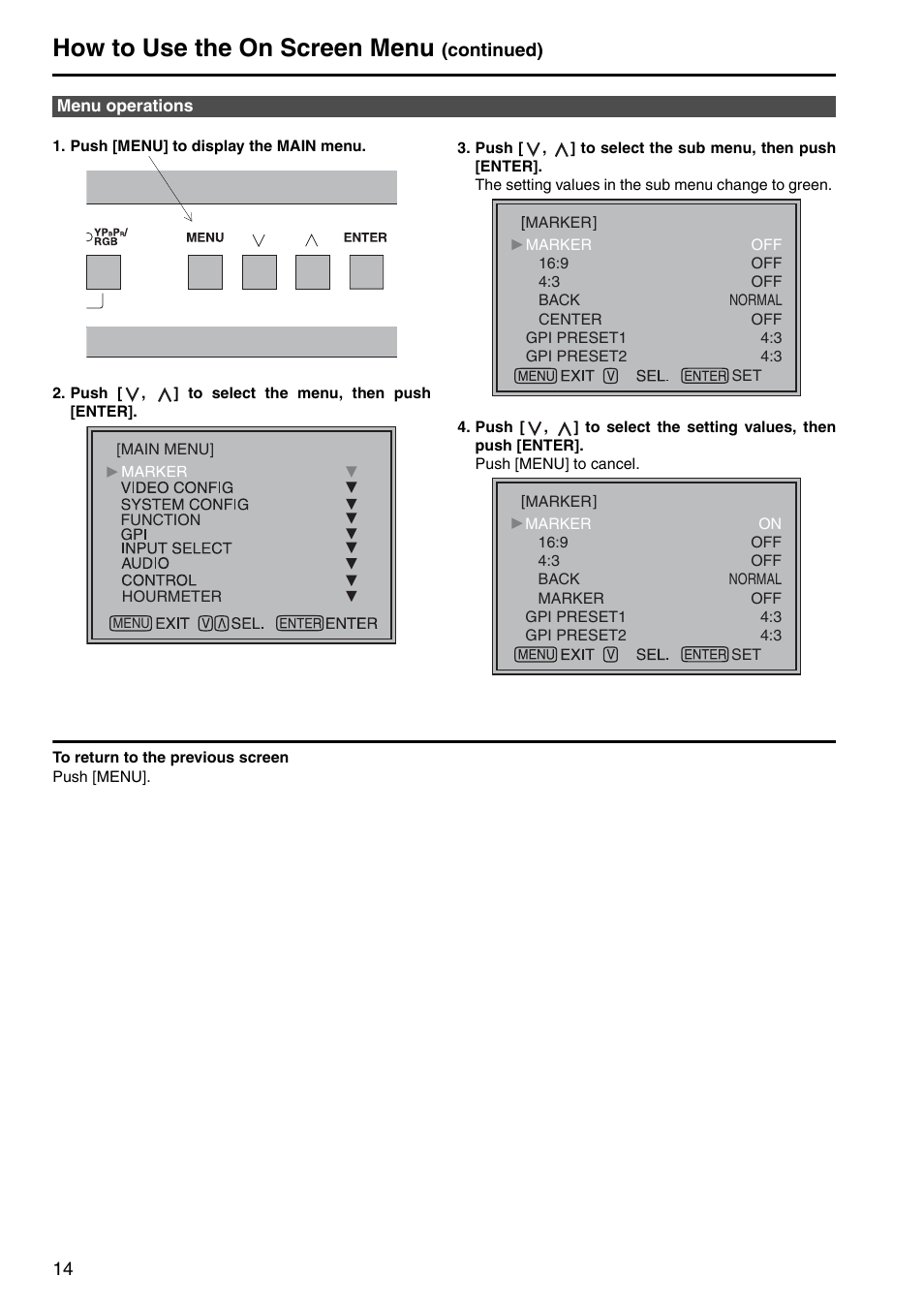 Menu operations, How to use the on screen menu | Panasonic BT-LT2600 User Manual | Page 4 / 19