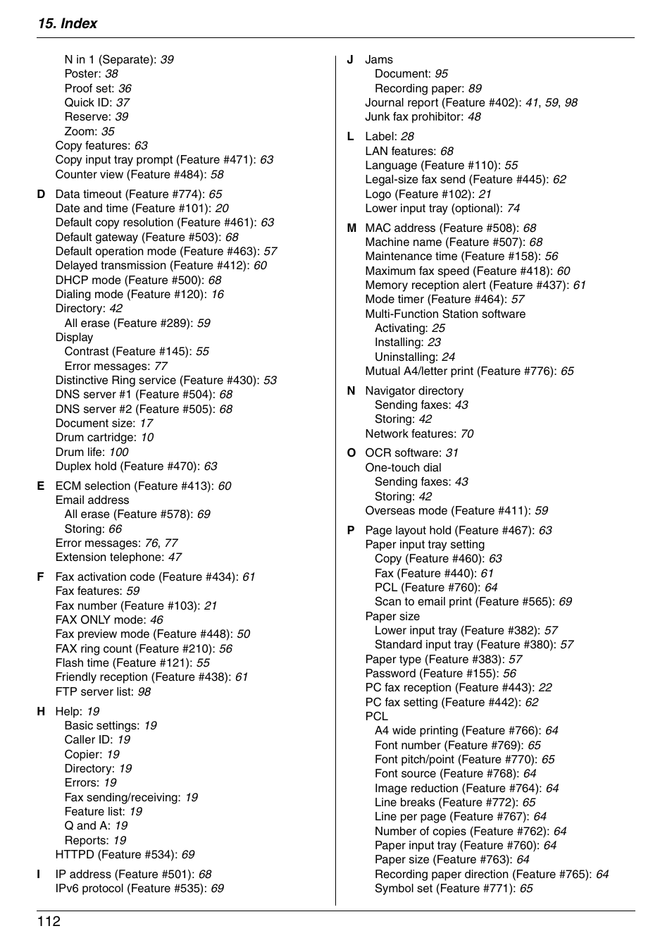 Index 112 | Panasonic KX-MB3020 User Manual | Page 112 / 116