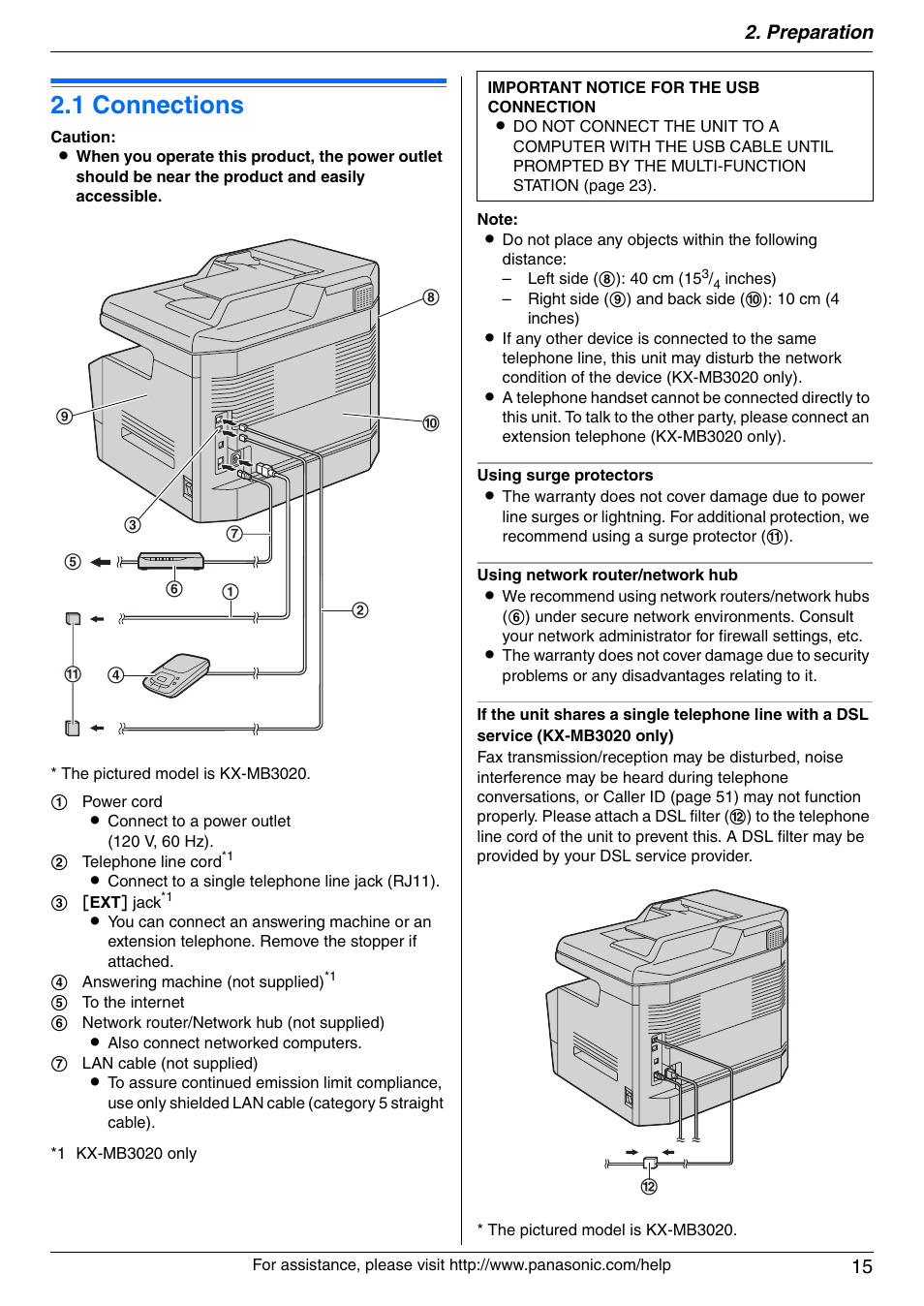 Preparation, Connections and setup, 1 connections | Connections, 1 connections, Preparation 15 | Panasonic KX-MB3020 User Manual | Page 15 / 116