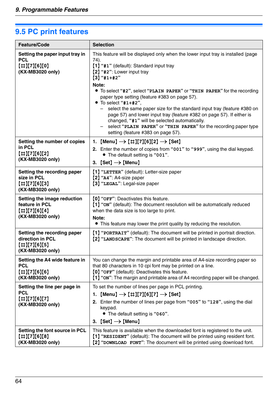 5 pc print features, Pc print features, 5 pc print features | Programmable features 64 | Panasonic KX-MB3020 User Manual | Page 64 / 116