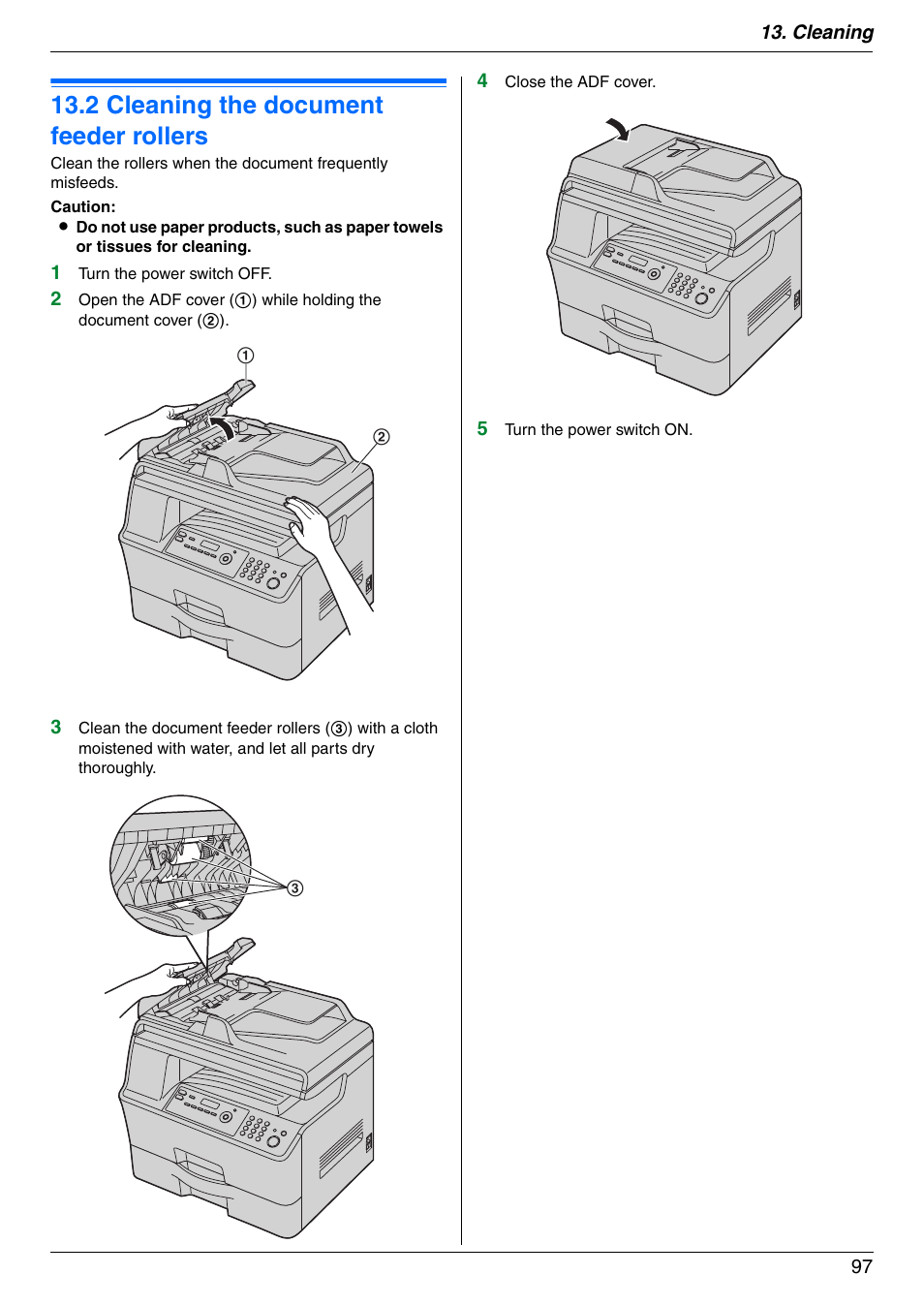 2 cleaning the document feeder rollers, Cleaning the document feeder rollers, 2 cleaning the document feeder rollers | Panasonic KX-MB3020 User Manual | Page 97 / 116