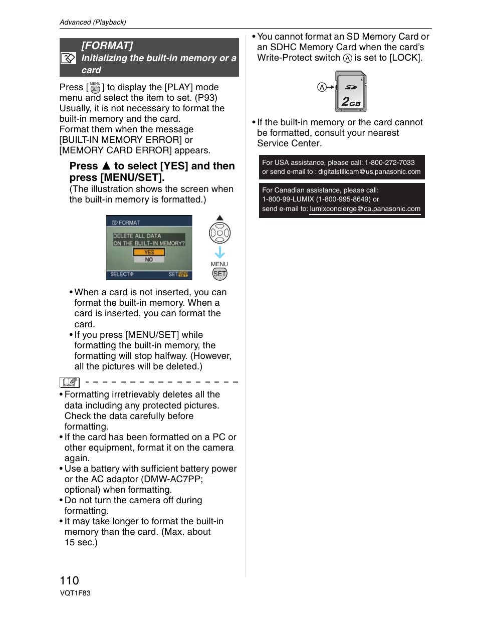 Format - initializing the card, Press  to select [yes] and then press [menu/set, Format | Panasonic DMC-FZ18 User Manual | Page 110 / 171