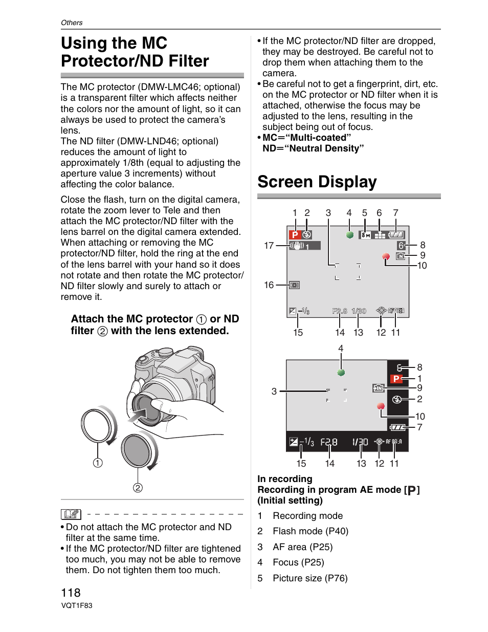 Using optional accessories, Lcd screen icons, Using the mc protector/nd filter | Screen display | Panasonic DMC-FZ18 User Manual | Page 118 / 171