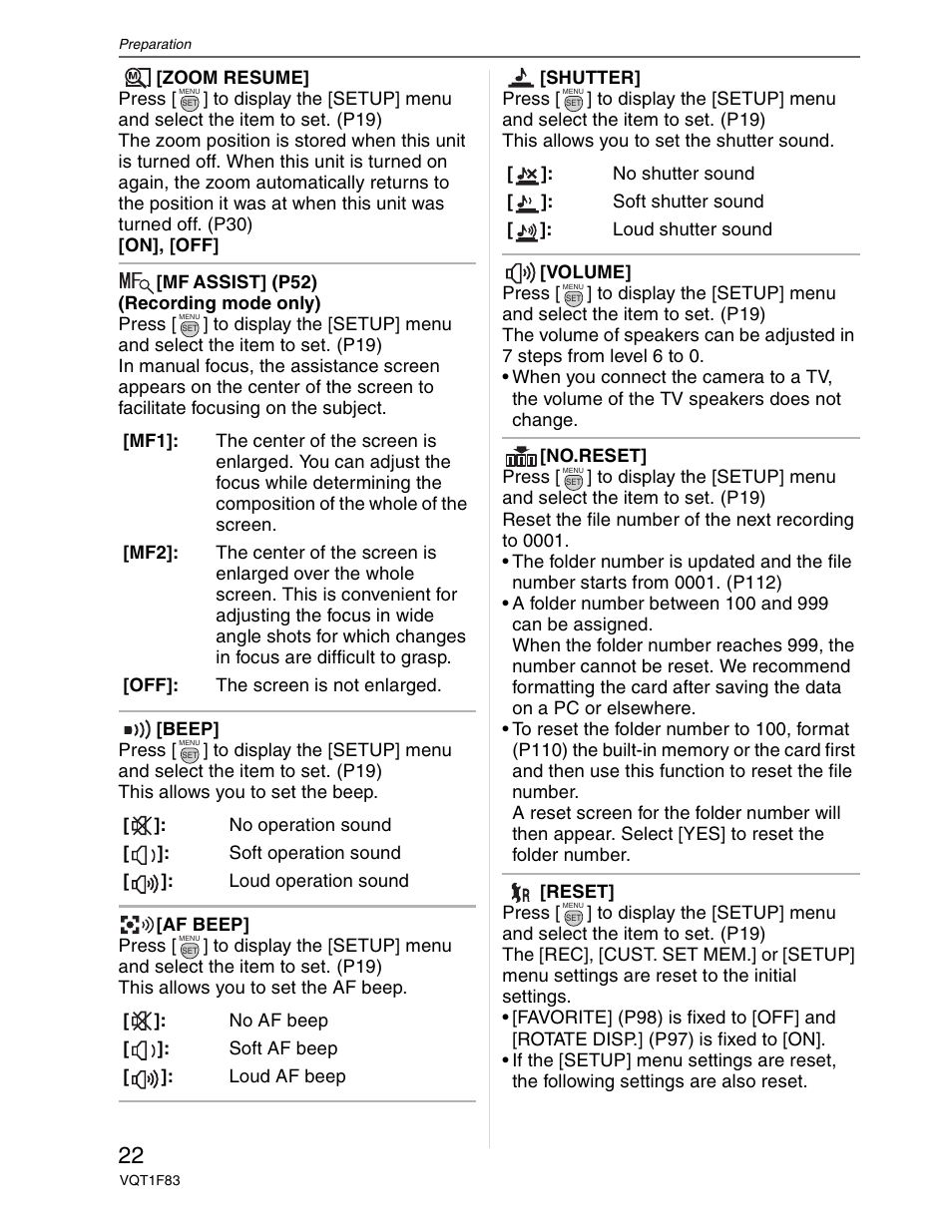 Reset - setup menu option | Panasonic DMC-FZ18 User Manual | Page 22 / 171