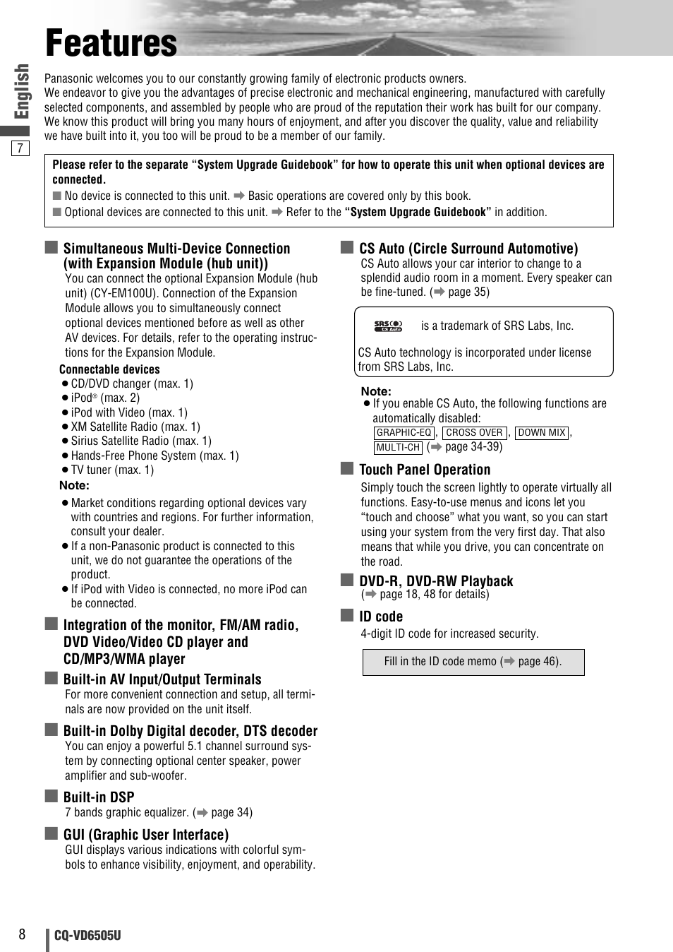 Features, English | Panasonic CQ-VD6505U User Manual | Page 8 / 52